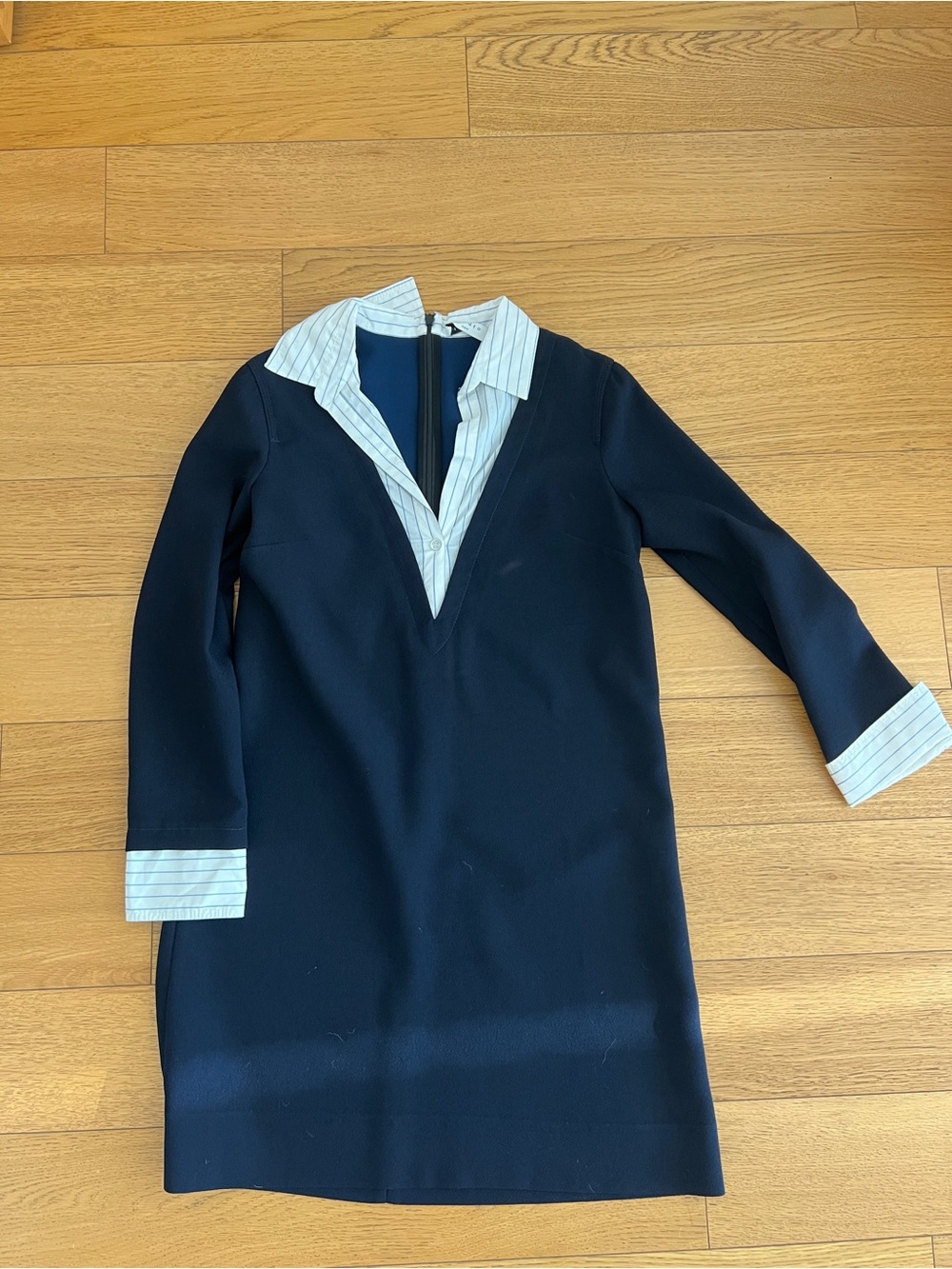 Sandro Women’s Navy Blue Shirt-Collar Dress with Stripe Trim